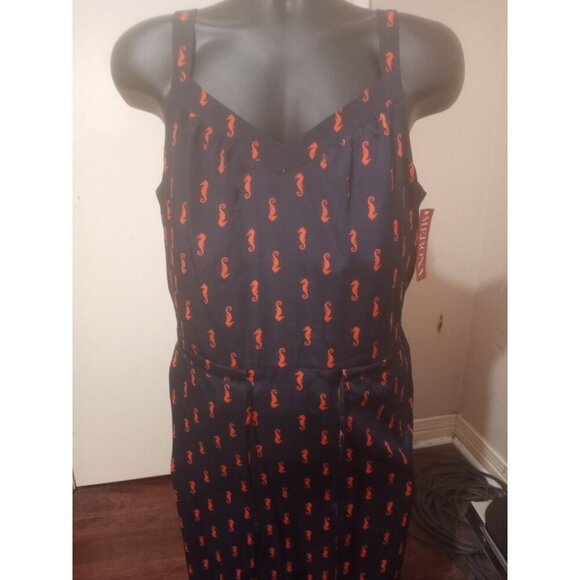 New Merona Navy Salmon Seahorse Print Flare Coastall Sleeveless Mini Dress XL - Picture 1 of 11